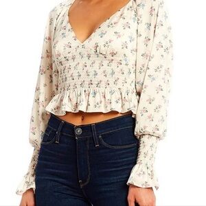 Wayf  / Cream Satin Floral Crop top with a Smocked waist
